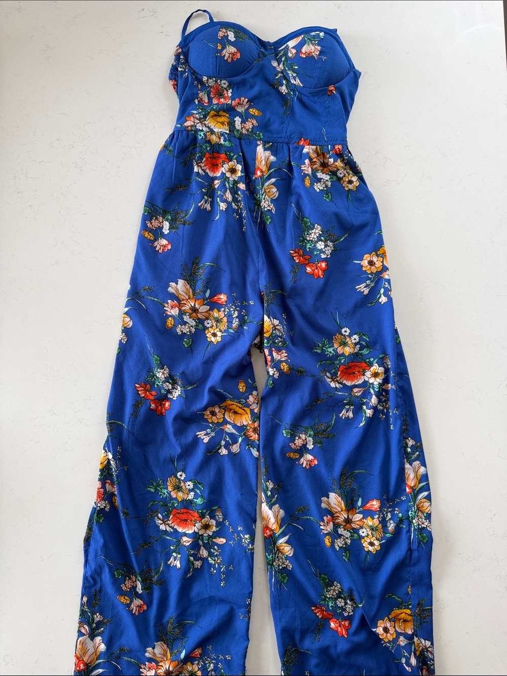 Strapless Royal Blue Floral Wide-Leg Jumpsuit